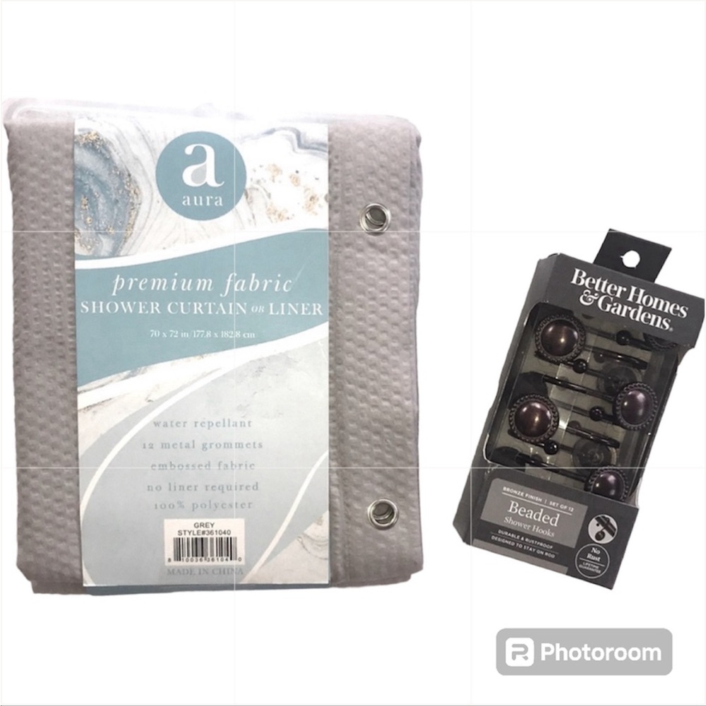 NWT Shower Curtain & Hooks Bundle Light Gray